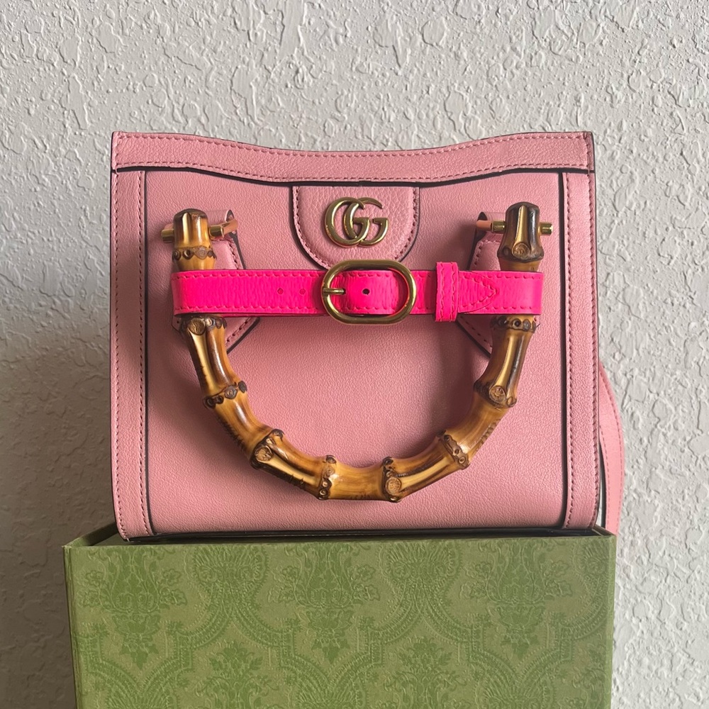 Gucci Pink and Brown Bamboo Handle Satchel